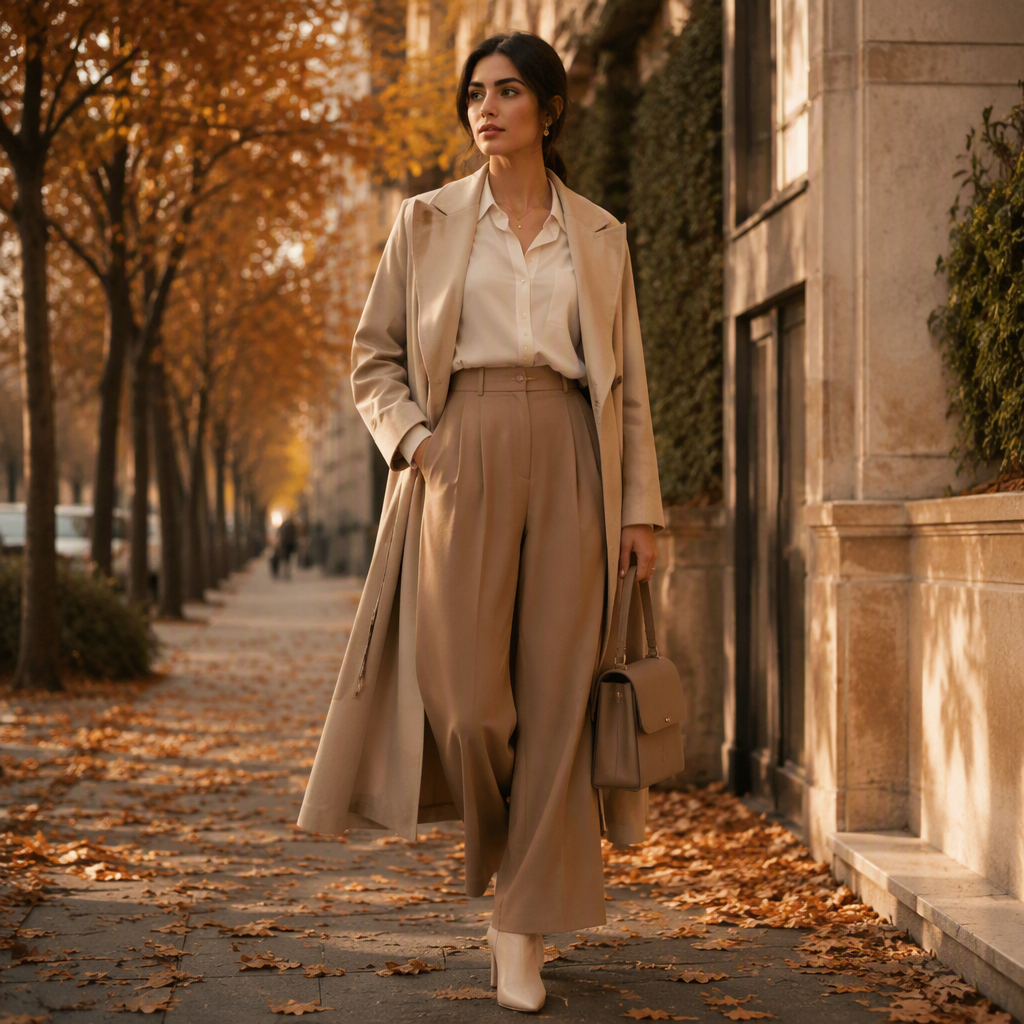 استایل پاییزی زنانه با شومیز و شلوار زنانه در فضای شهری پاییزی