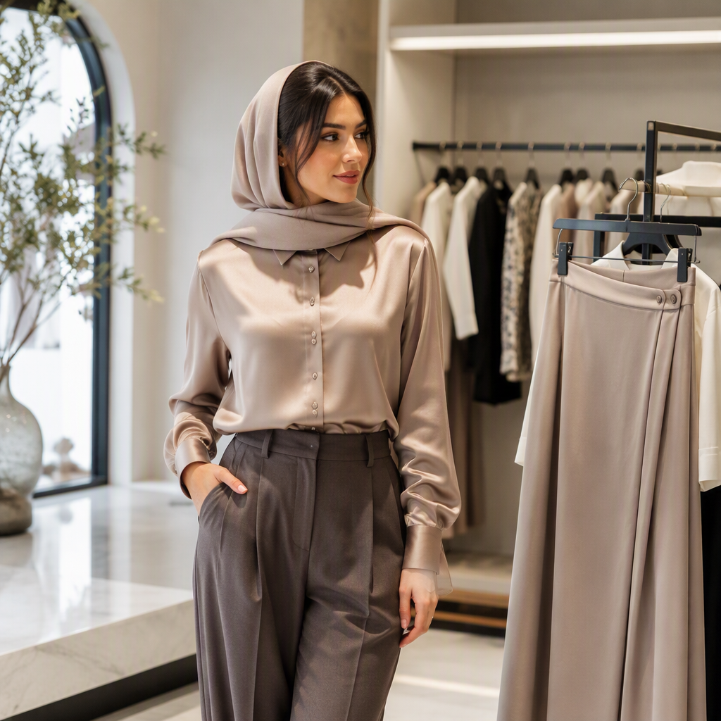 استایل شیک زنانه با شومیز و شلوار در فضای فروشگاهی مدرن